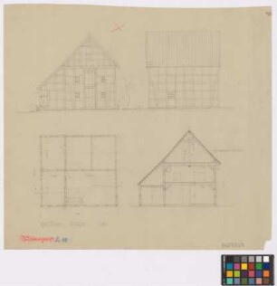 Sudenfeld ([Landkreis Iburg]): Halberbe Kriege. Speicher (Giebel-Ansicht, Seiten-Ansicht, Grundriss, Querschnitt)