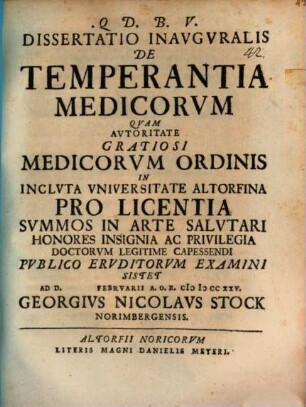 Dissertatio inauguralis de temperantia medicorum