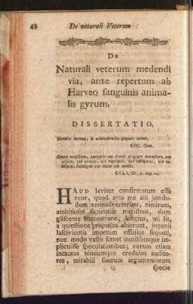De Naturali veterum medendi via, ante repertum ab harveo sanguinis animalis gyrum