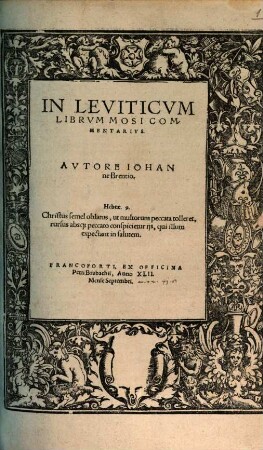Joh. Brentii In Leviticum librum Mosi commentarius