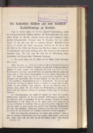 Die katholische Mission auf dem deutschen Katholikentage zu Krefeld