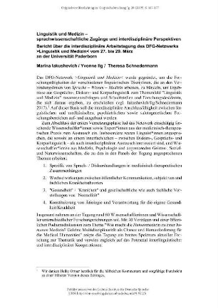 Linguistik und Medizin – sprachwissenschaftliche Zugänge und interdisziplinäre Perspektiven. Bericht über die interdisziplinäre Arbeitstagung des DFG-Netzwerks >Linguistik und Medizin< vom 27. bis 29. März an der Universität Paderborn