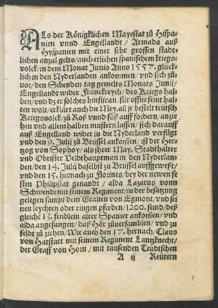 Als der Königlichen Mayestat zu Hispanien unnd Engellandt/ Armada auß Hyspanien ... in den Nyderlanden ankommen ...