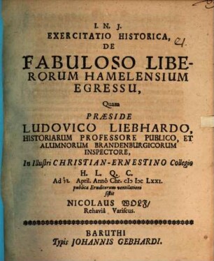Exercitatio Historica, De Fabuloso Liberorum Hamelensium Egressu