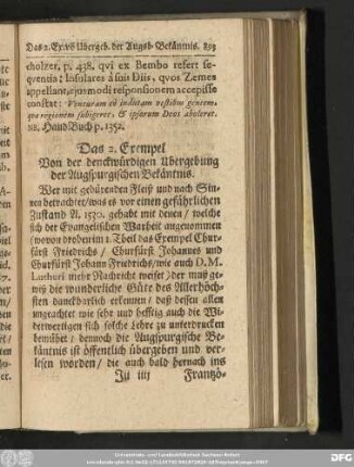Das 2. Exempel Von der denckwürdigen Ubergebung der Augspurgischen Bekäntnis.