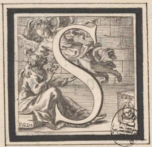 Initiale S (Ein Engel weist Petrus den Weg aus dem Gefängnis), aus: Sei omelie di Nostro Signore papa Clemente undecimo esposte in versi da Alessandro Guidi, Rom 1712
