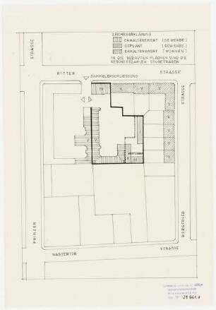 Sanierung Kreuzberg, Berlin Untersuchungen und Planungen von Werner March: Mappe Kreuzberg. Block 64, Lageplan, Erhaltungswerte und geplante Bausubstanz, 1:10000