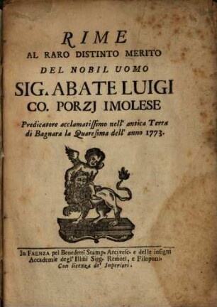 Rime al merito del ... abate Luigi Co. Porzj Imolese