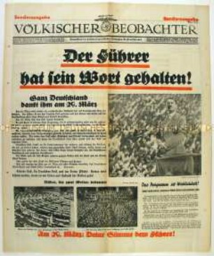 Sonderausgabe der Tageszeitung der NSDAP "Völkischer Beobachter" zur Volksabstimmung über die Politik der Hitler-Regierung am 29. März 1936