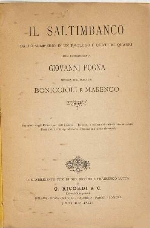 Il saltimbanco : ballo semiserio in un prologo e quattro quadri