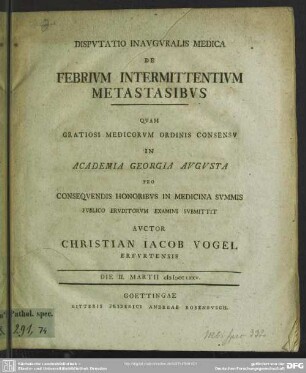 Dissertatio Inauguralis Medica De Febrium Intermittentium Metastasibus