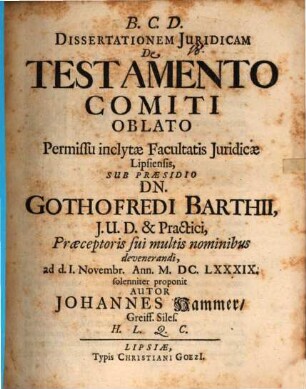 Diss. iur. de testamento comiti oblato