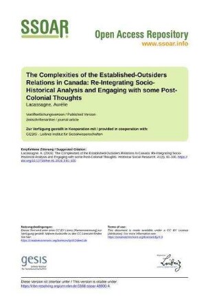 The Complexities of the Established-Outsiders Relations in Canada: Re-Integrating Socio-Historical Analysis and Engaging with some Post-Colonial Thoughts