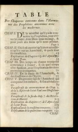 Table Des Chapitres contenus dans l'Harmonie des Prophéties anicennes avec les modernes.