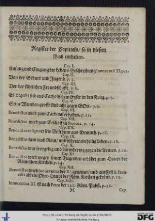 Register der Capitteln, so in diesem Buch enthalten.