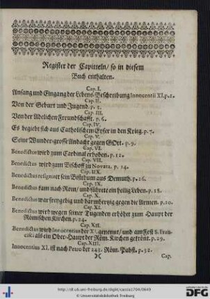 Register der Capitteln, so in diesem Buch enthalten.