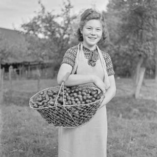 Frau in Schürze mit einem Korb voller Pflaumen