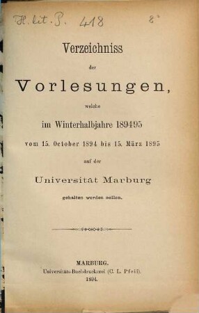 Verzeichnis der Vorlesungen. 1894/95. WH.