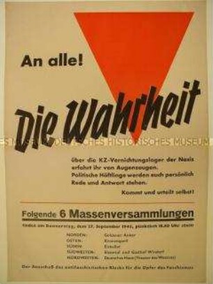 Maueranschlag des antifaschistischen Blocks mit der Ankündigung von Massenversammlungen; Aufklärung über die Vernichtungslager der Nazis