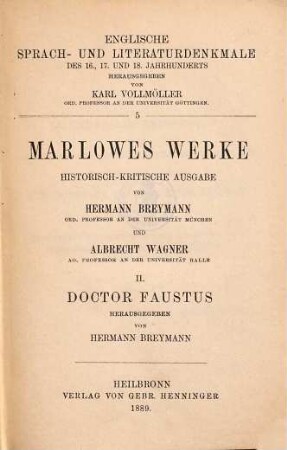 Marlowes Werke : historisch-kritische Ausgabe, 2. Doctor Faustus