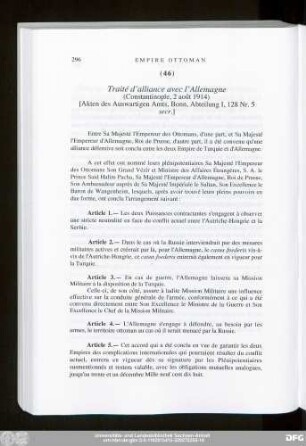 (46) Traité d'alliance avec l'Allemagne (Constantinople, 2 août 1914)