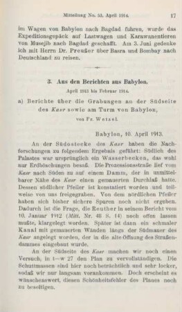 a. Berichte über die Grabungen an der Südseite des Kasr sowie am Turm von Babylon