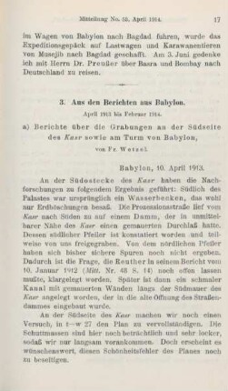 a. Berichte über die Grabungen an der Südseite des Kasr sowie am Turm von Babylon