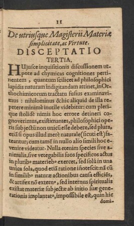 De utriusque Magisterii Materiae simplicitate, ac Virtute. Disceptatio Tertia.