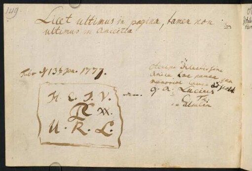 "licet ultimus in pagina, tarnen non ultimus in amicitia." Tübingen 1777.G.A.Lucius.