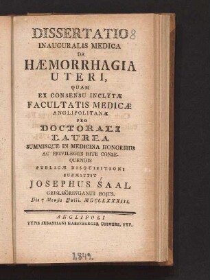 Dissertatio Inauguralis Medica De Hæmorrhagia Uteri