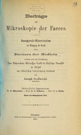 Beiträge zur Mikroskopie der Faeces : Dorp. Inaug. Diss.