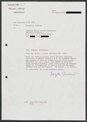 Brief an Marie Louise Zarmanian an Garzanti Editore, 02.11.1994