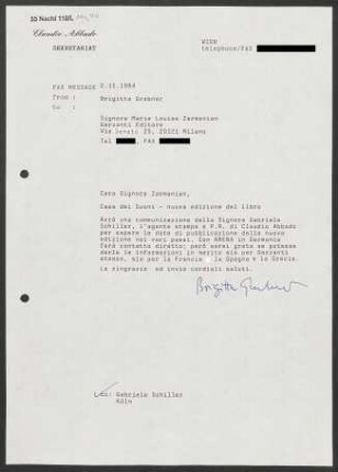 Brief an Marie Louise Zarmanian an Garzanti Editore, 02.11.1994