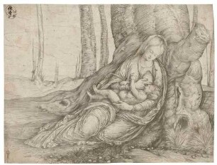 Maria mit dem Kind, an einen Baum gelehnt