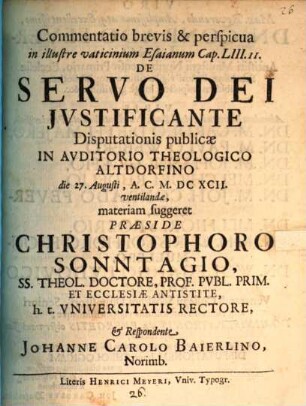 Commentatio ... in illustre vaticinium Esaianum l. III,11, de servo Dei iustificante
