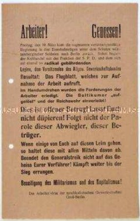 Aufruf der Arbeiterbörse der syndikalistischen Gewerkschaften zur Weiterführung des Generalstreiks im Zuge des Märzaufstandes 1920