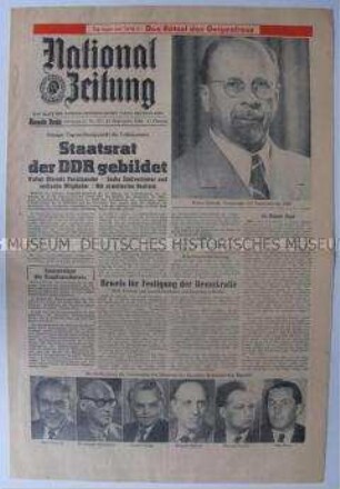 Tageszeitung der NDPD "National-Zeitung" zur Bildung des Staatsrates der DDR