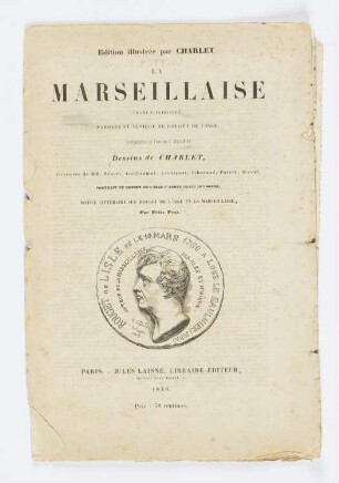 Medaille Rouget de Lisle, Titelblatt aus: Rouget de Lisle, "La Marseillaise", Paris 1840