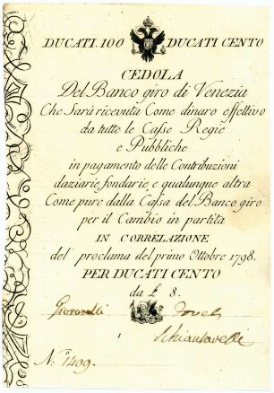 Geldschein, 100 Ducati, 1.10.1798