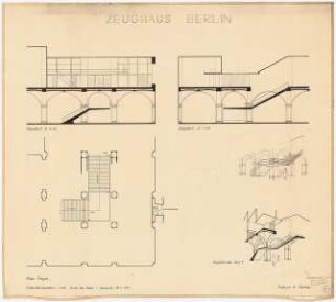 Zeughaus, Berlin Wiederaufbau: Grundriss Erdgeschoss 1:100, Querschnitt 1:100, Längsschnitt 1:100, Perspektivischer Schitt