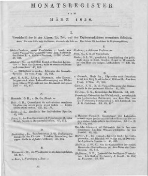 Monatsregister vom März 1838