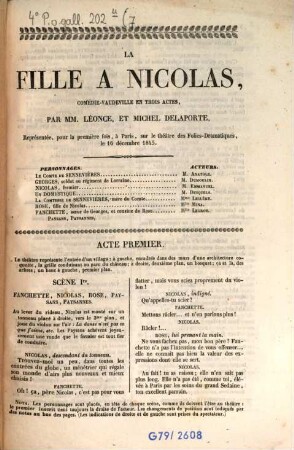 La fille à Nicolas : Comédie-vaudeville en 3 actes, par MM. Léonce [d.i. Charles-Henri-Ladislaus Laurengot] et Michel Delaporte