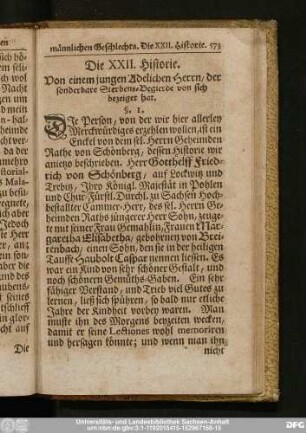 Die XXII. Historie. Von einem jungen Adelichen Herrn, der sonderbare Sterbens-Begierde von sich bezeiget hat.