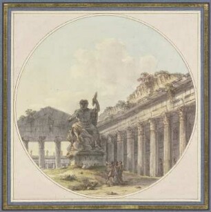 Architektonisches Capriccio: Inneres einer Tempelruine mit einer Statue des Jupiter tonans und Figurenstaffage