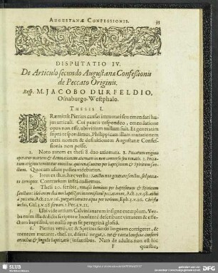 Disputatio IV. De Articulo secundo Augustanae Confeßionis de Peccato Originis