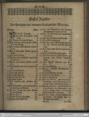Erstes Register Der Predigten und darinnen abgehandelten Materien