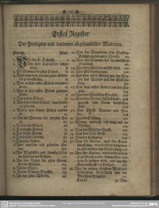 Erstes Register Der Predigten und darinnen abgehandelten Materien