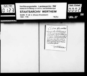 Fr. Alamus Volckert, Laienbruder zu Bronnbach (Brunnbach), gelobt den Satzungen und Regeln des hl. Benediktus Treue und Gehorsam.