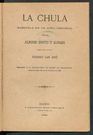 La chula : zarzuela en un acto, original