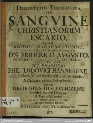 Dissertatio Theologica, De Sanguine Christianorum Escario